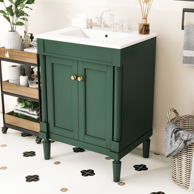 Ensemble de meuble-lavabo simple autoportant avec lavabo en céramique et armoire de rangement Eichman, Vert