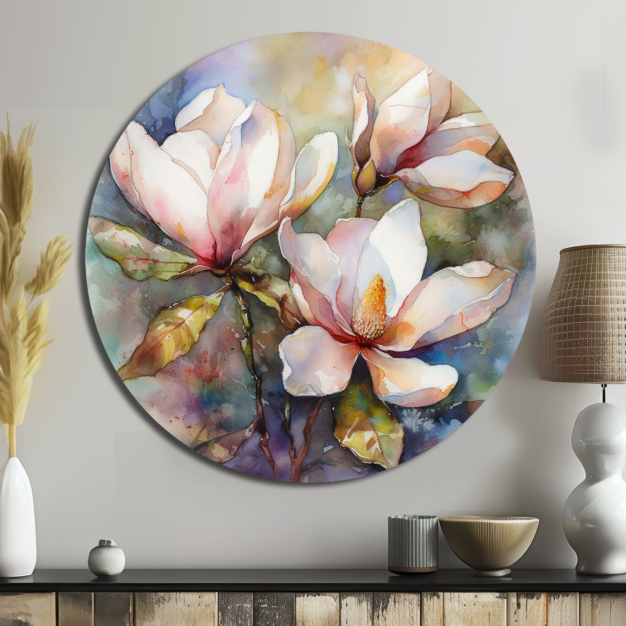 Lark Manor™ Pink Magnolia Symphony III - Floral Round Metal Art | Wayfair