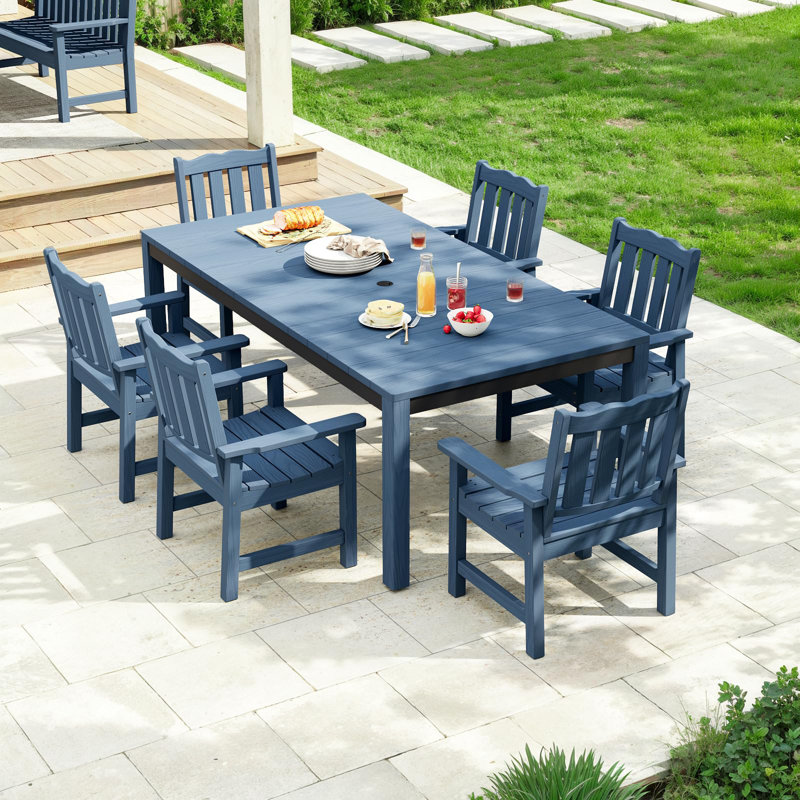 All-weather Patio 6-person Dining Table, Hips & Outdoor Dining Table With Umbrella Hole, Blue