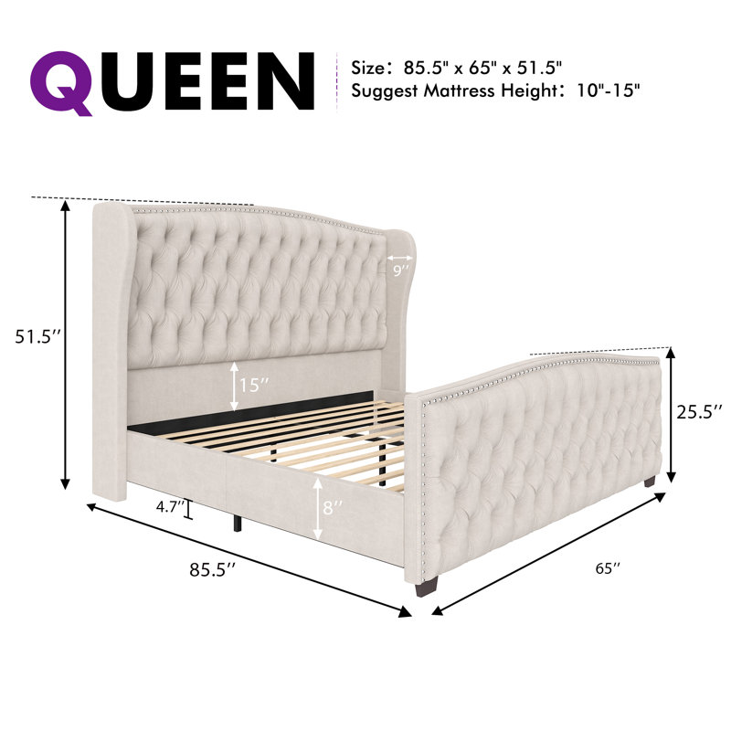 DuJuan Deep Button Tufted Upholstered Queen Bed with Nailhead Trim Wingback Headboard, Cream, Queen, Cream