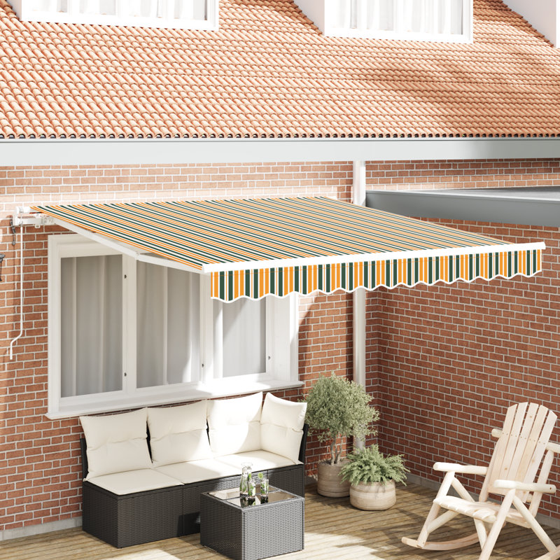 Ebern Designs Retractable Patio Awning, 300 cm W x 250 cm D, Yellow/Green Striped
