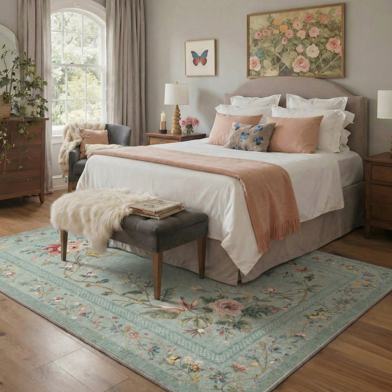 Floral Machine Washable Area Rug Green with Non-Slip Backing, Rectangle 5' x 7'