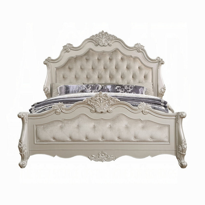 Lit tapissier capitonné Arinah beige et champagne, Très grand