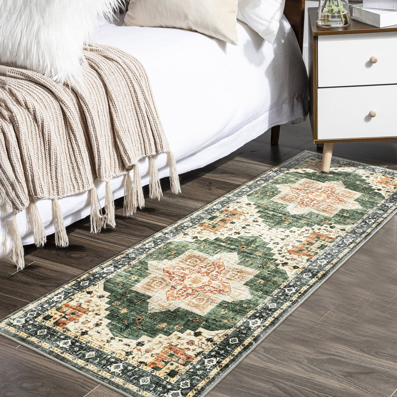 Fitzrovia Damask Machine Made Polyester Washable Area Rug in Tan, Runner 2' x 6'
