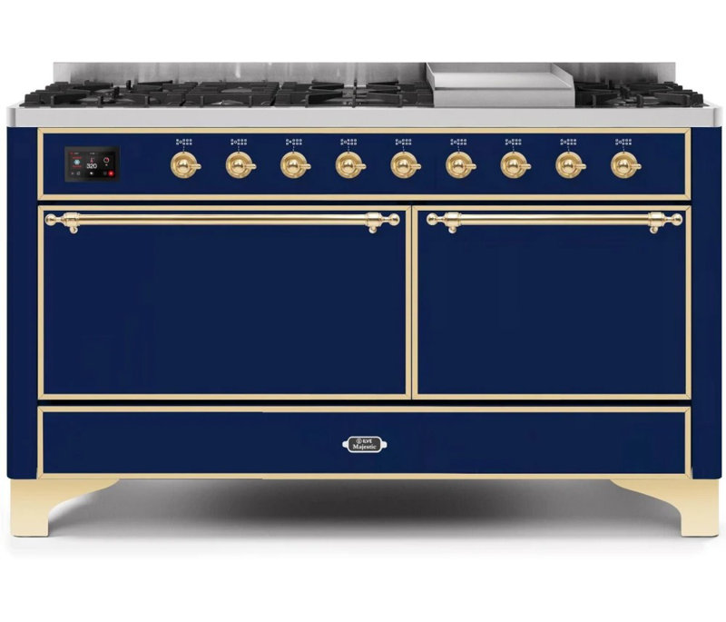 ILVE UM15FDQNS3BKCLP Majestic II 60 inch Dual Fuel Range with 9 Burners, Griddle (Liquid Propane, Solid Door, Glossy Black, Chrome)