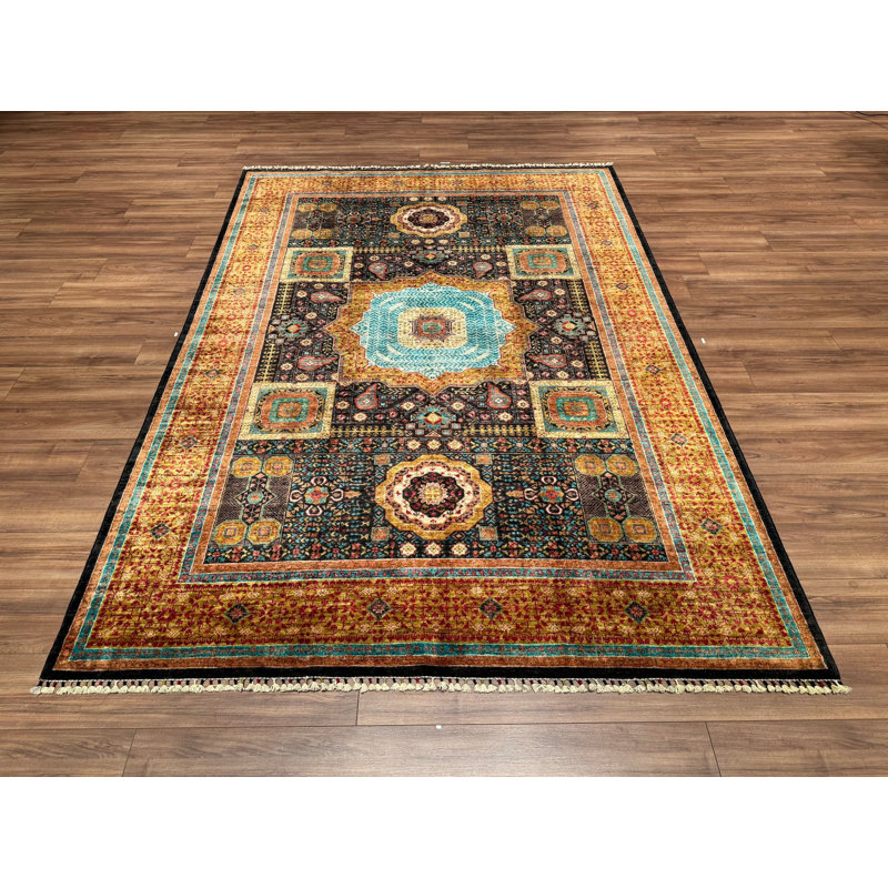 Tapis orange original en laine et coton noué à la main à motif mamelouk