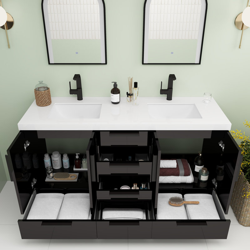 Ensemble de meuble-lavabo autoportant avec lavabo double 59,4 po Carla, Lustre noir