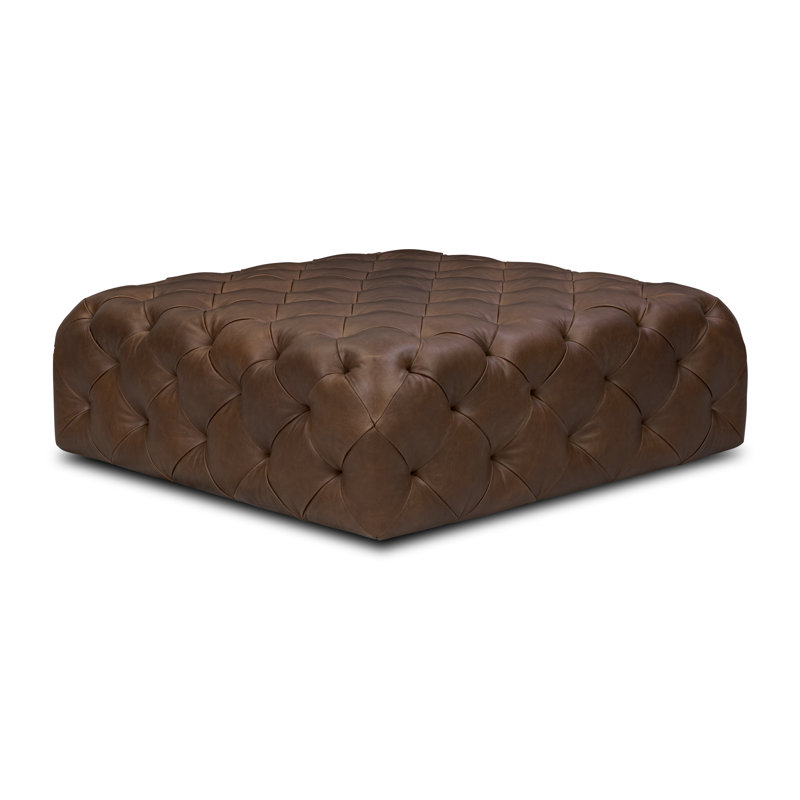 Turin Tufted Square Genuine Leather Ottoman, Brown
