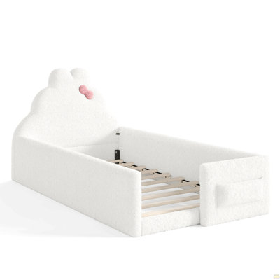 Twin Size Upholstered Floor bed, Low_x005f_x001e_to_x005f_x001e_Ground floor bed, Soft Padded Upholstered Kids bed, Safe Children Bed Frame with Side Storage Pocket for Kids.Beige