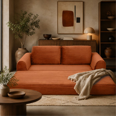 2-in-1 Folding Convertible Sofa Bed, Modern Corduroy Sleeper Couch with 2*pillows, Futon Modular Upholstered Boneless Sofa with Pull-Out Bed,Folding Floor Modular Couch for Living Room Orange
