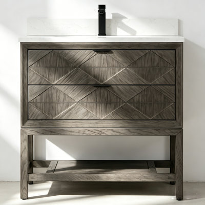 Meuble-lavabo transitionnel en chêne gris 36 po avec plateau en marbre