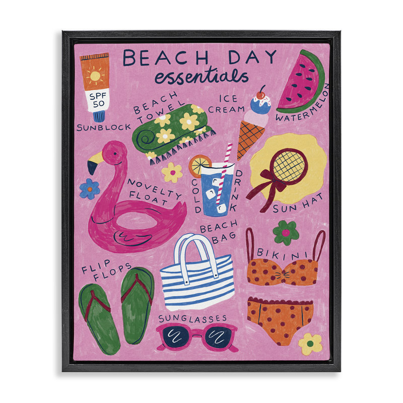  "Beach Day Essentials", art mural par Lisa Barlow, Cadre flottant noir de jais, H 21 po x l 17 po