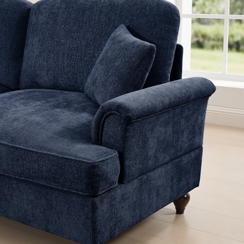 Canapé-lit bleu à 3 places avec chenille douce, dossiers en forme de fleur, dossier à coussin incurvé, accoudoirs évasés, jupes plissées à volants amovibles en fil d'argent et repose-pieds mobiles, multiples