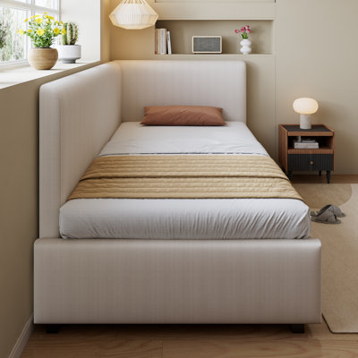 Beige Corduroy Upholstered Daybed with Secure Side Rails