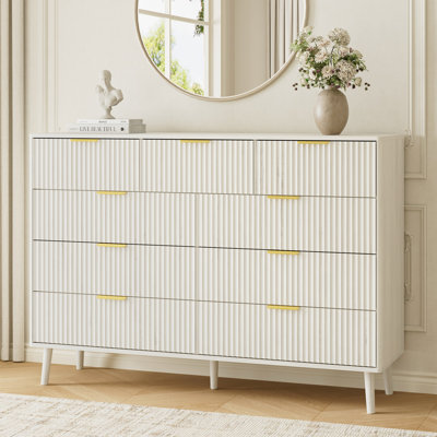 55.1" W Fluted 9-Drawer Double Dresser For Bedroom, Modern Chest Of Drawers With Deep Drawers, Curved Profile Design, Wood Drawer Organizer For Living Room, Hallway, Nursery, Hallway Closet