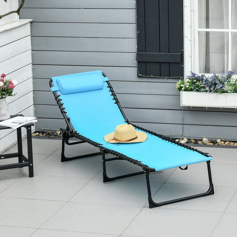 Blue Beach Sun Lounger - Folding Chaise With Adjustable Back, Pillow, Breathable Mesh, For Patio Outdoor Chair Bungee Seat, Pool, Yard, Patio,
