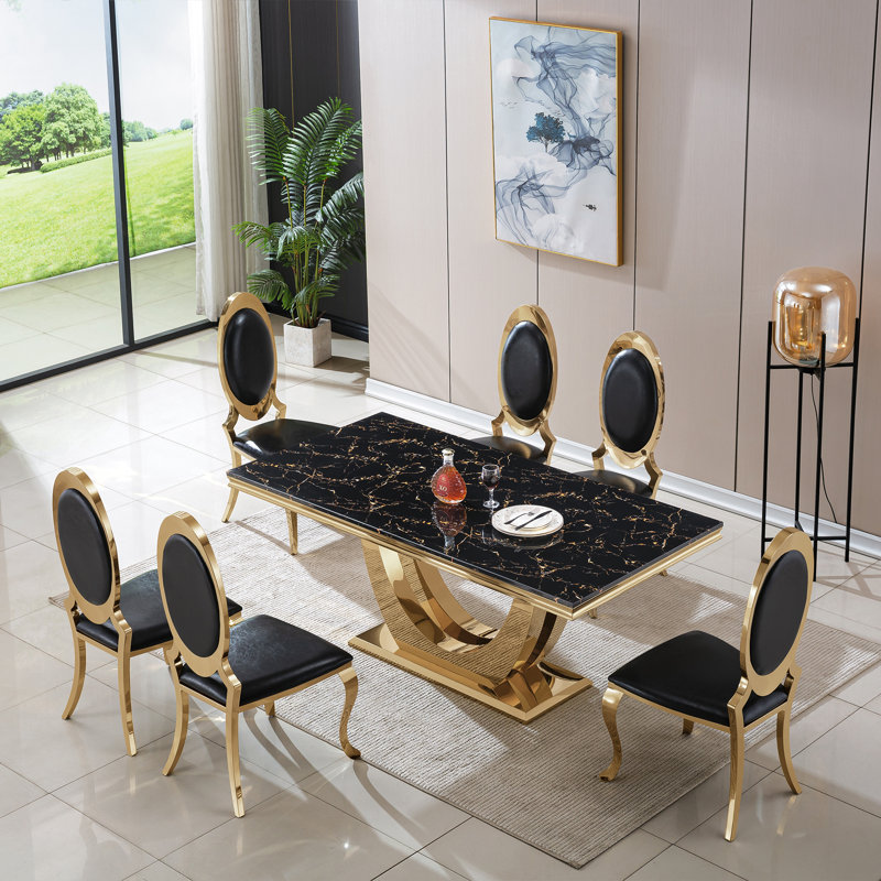 7-Piece Dining Table Set, Marble-Print MDF Table with Velvet & PU Dining Chairs, Stainless Steel Base – Seats 6, Black/Gold