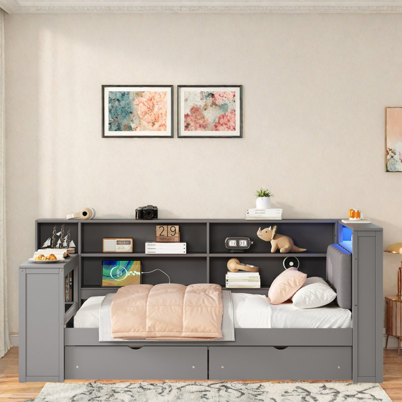 Wood Daybed With Storage Shelves, 2 Drawers, Charging Station, Led, Desk And Upholstered Headboard, Gray, Twin