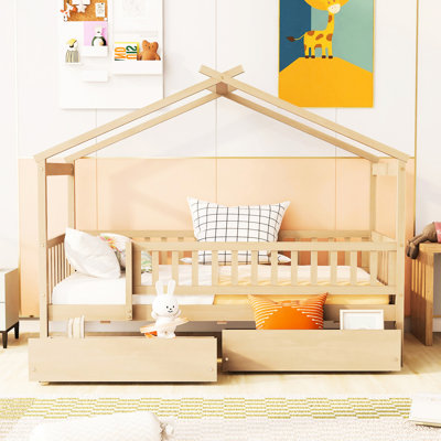 Twin Size House Bed With Drawer Space - Wood Construction, Natural Finish, Two Drawers, Headboards Included Wooden For Saving, Solid Wood,