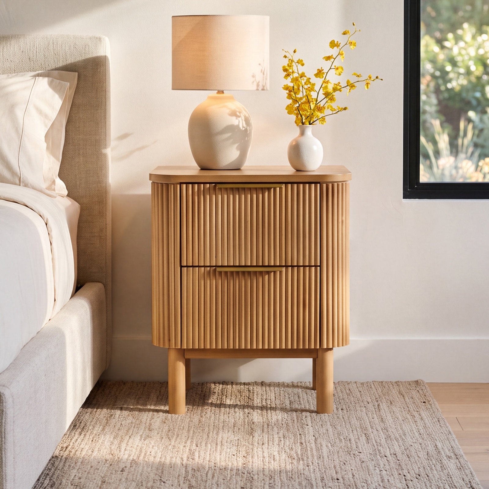 2-Drawer Reeded Eucalyptus Nightstand,  Reeded Birch