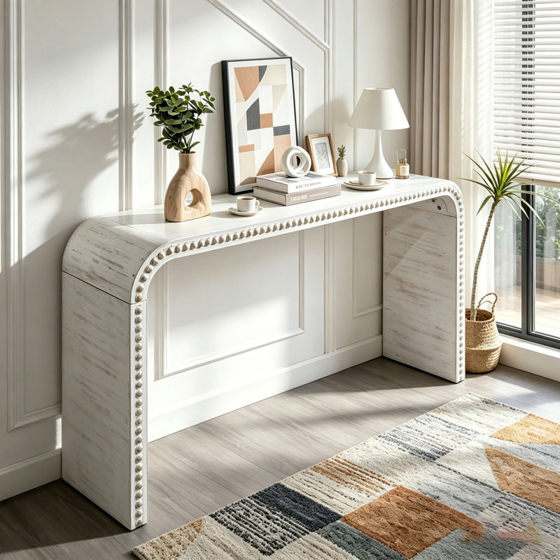 Console Table, 59in Entryway Table, Curved Waterfall-style Table, Antique grey white