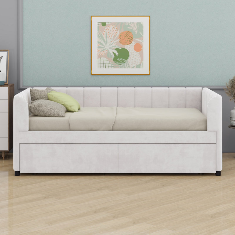 Lit de jour rembourré avec dossier ergonomique et tiroirs, Beige