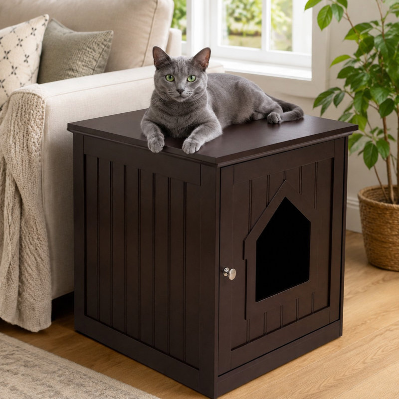 Utilisez cette maison pour chat décorative de couleur espresso comme table d'appoint ou table de chevet pour chat, tout en intégrant un enclos pour cage et litière dans le design du meuble.
