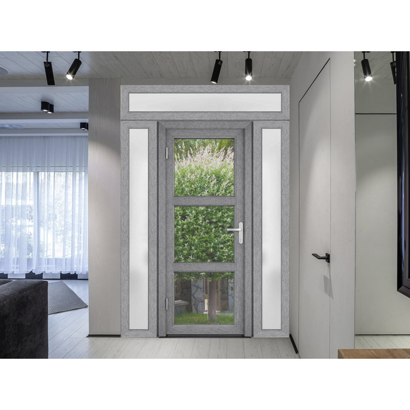Façade extérieure pré-suspendue Porte en fibre de verre transparent transparent / Manux 8555 frêne gris clair / porte de bureau commerciale et résidentielle / l 36 po x H 80 po - Gauche