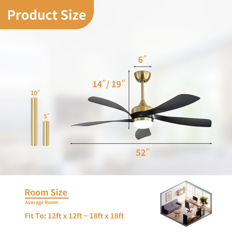 TurboBreeze 52'' - 5 Blade Modern Ceiling Fan with Dimmable Light Kit and Remote Control, 52" , Gold/Matte Black