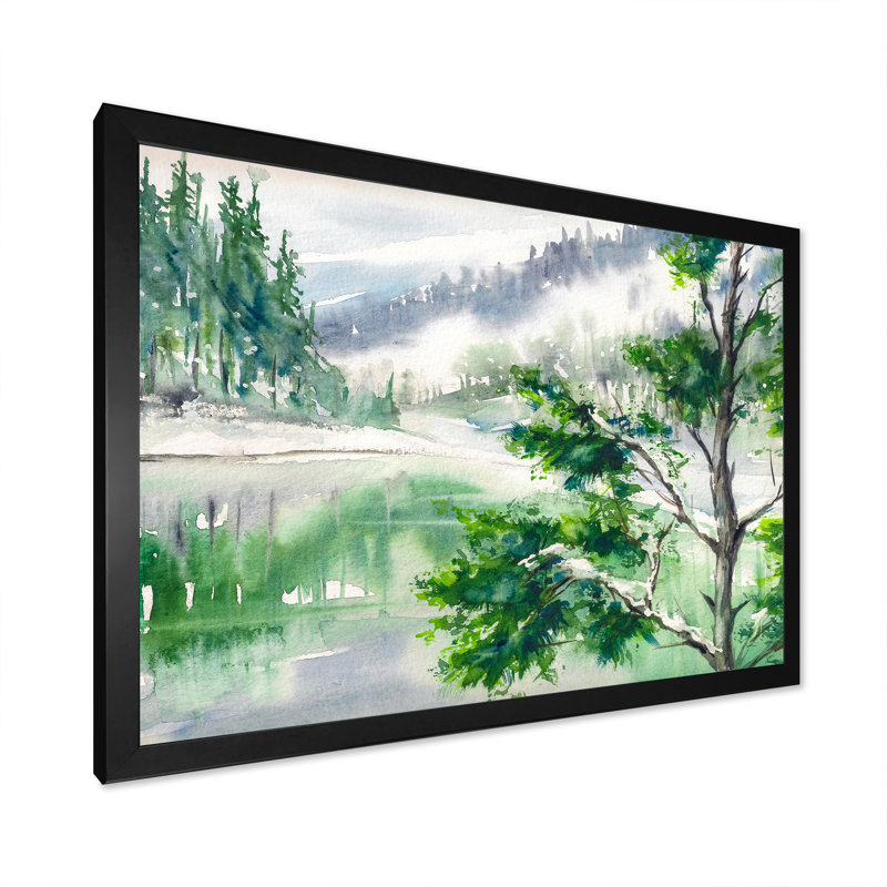 Lac - peinture sur toile, H 34 po x l 44 po, Cadre noir