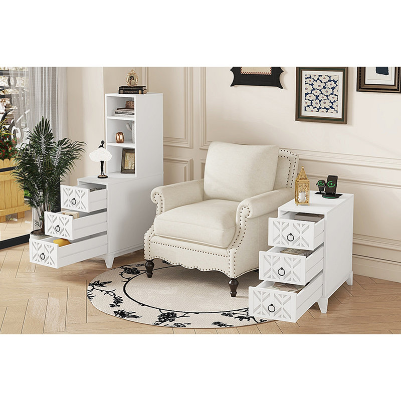 End Table With 3 Drawers, Corner Table With 2 Open Shelves, Tall Side Table For Bedroom And Corner, White