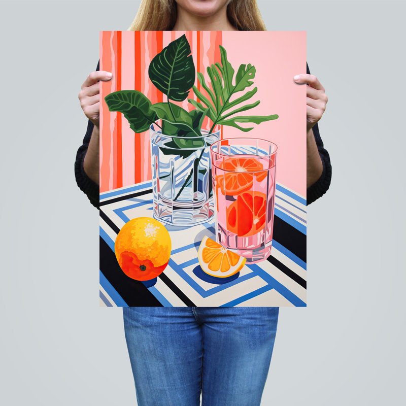 Wall Art Print Refreshing Spritz Aperitif with Slices Vibrant Pink Stylised Painting Poster