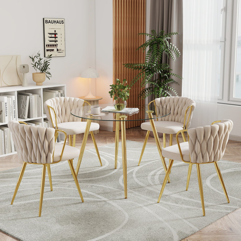 5-Piece Golden Round Glass Dining Table Set for 4, 29.50" H x 36" L x 36" W, Beige