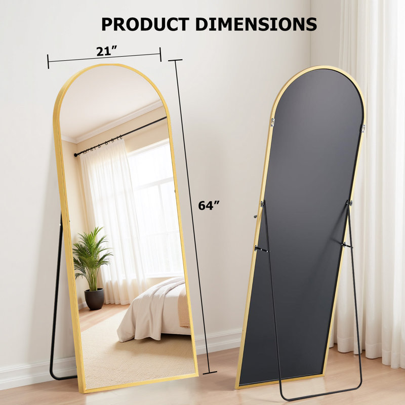 Arched Full Length Mirror, Large Floor Mirror With Frame Standing Hanging Or Leaning Wall Mirror, Gold, 64" x 21"