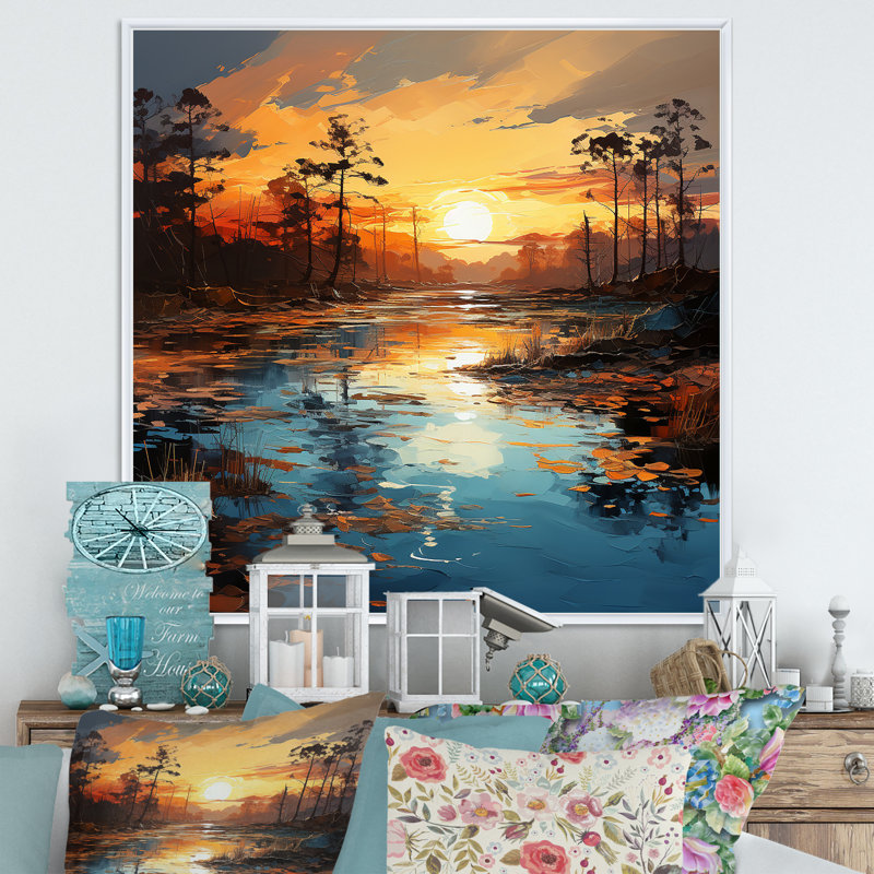 Par le lac Sunrise Reflections 2 - lac, art mural, H 30 po x l 30 po x P 1,5 po, Cadre flottant blanc
