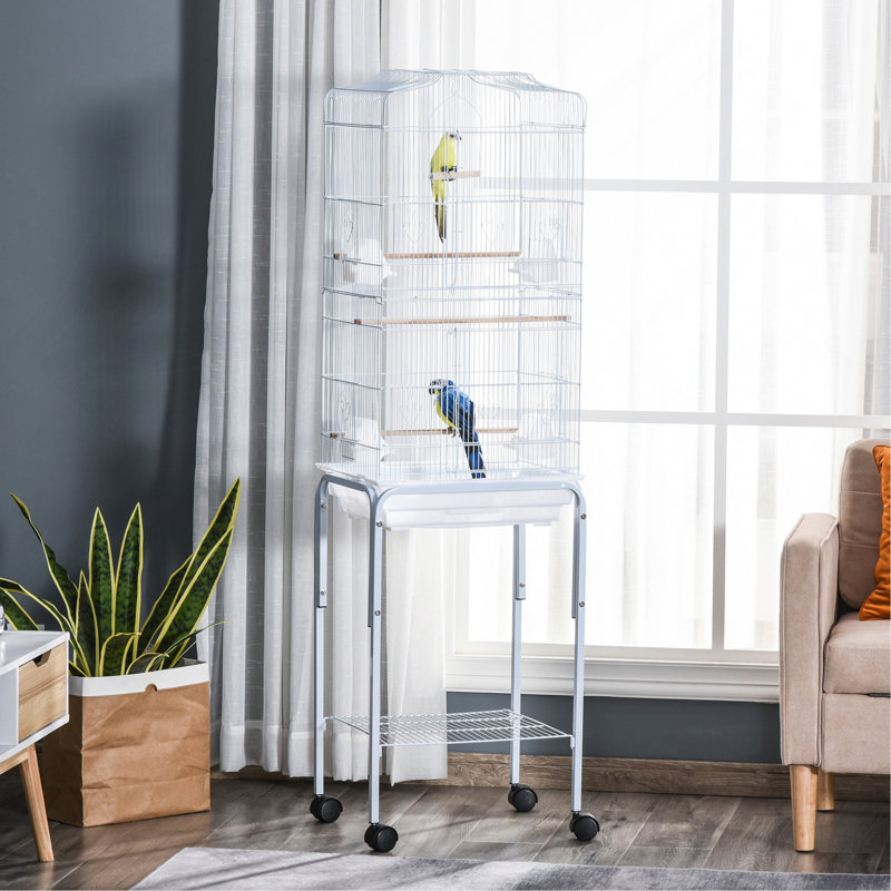 Ensemble de démarrage de cage à oiseaux 60 po en métal avec support roulant amovible, panier de rangement et accessoires, blanc
