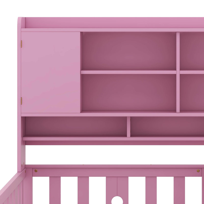 Multifunctional Wood Platform Bed With Bookshelf At The Head Of The Bed, Built-In Desk And Matching Chair, Pink