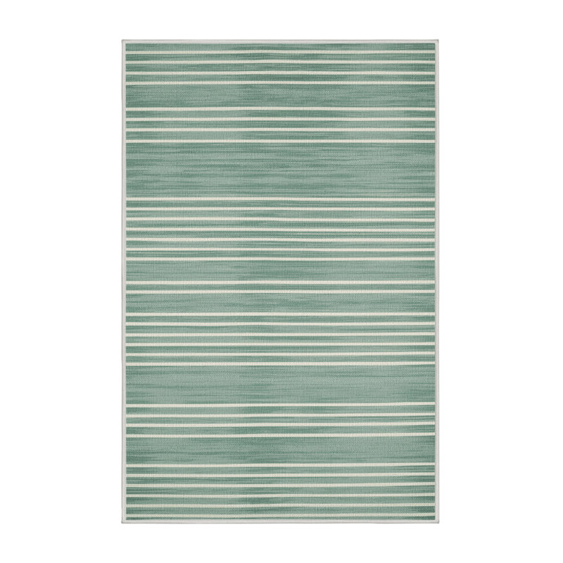 Washable Seafoam White Striped Area Rug, Rectangle 4' x 6'