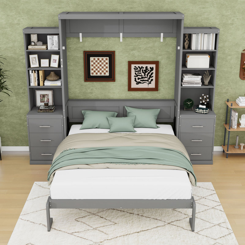 Lit escamotable multifonctionnel en bois avec tiroirs de rangement intégrés et tablettes robustes, Queen, Gray