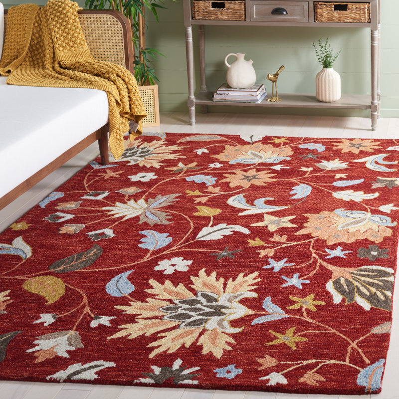 Handmade Red and Orange Floral Wool Area Rug, 5' x 8'