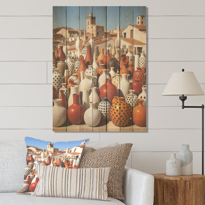 Greek Pottery Garden II - Boho Pottery On Wood Print