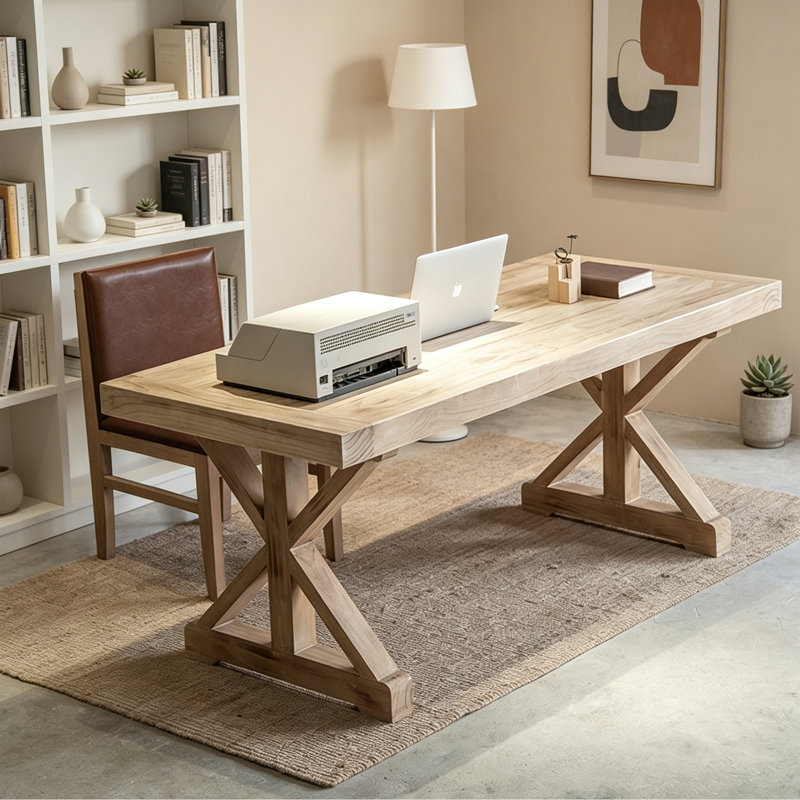 Retro Brown Rectangular Solid Wood Writing Desk, 29.52" H x 55.11" W x 27.55" D