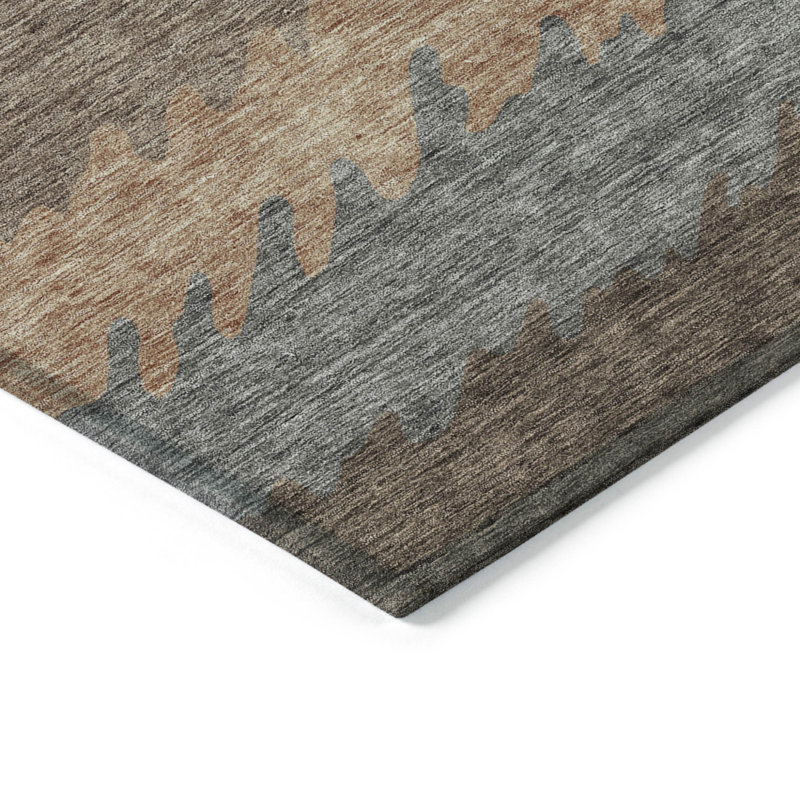 3' X 5' Chocolate Gray And Green Striped Washable Indoor Outdoor Area Rug