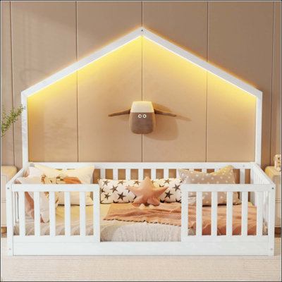 Lit sur pied avec rails hauts, lit Montessori en bois avec lumière pour enfants, garçons et filles