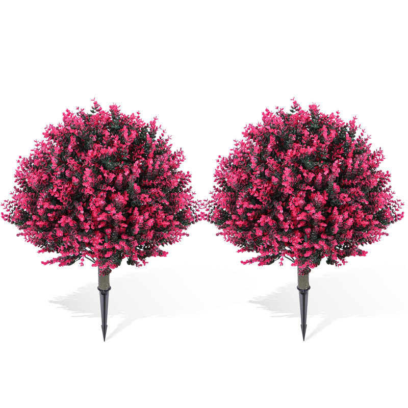  Artificial Rose Eucalyptus Topiary Ball Trees, 24" UV Resistant Faux Boxwood Shrubs with Ground Spikes, Fake Evergreen Plants for Indoor Outdoor Garden, Patio, Porch, Planters