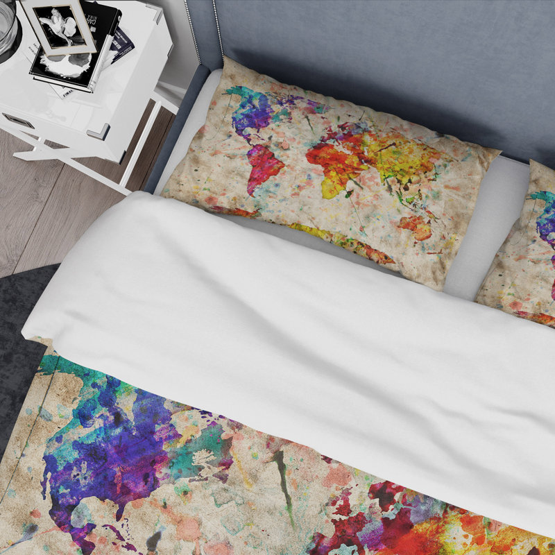 Ensemble de housse de couette aquarelle designart world map, Housse de couette grand + 2 taies décoratives
