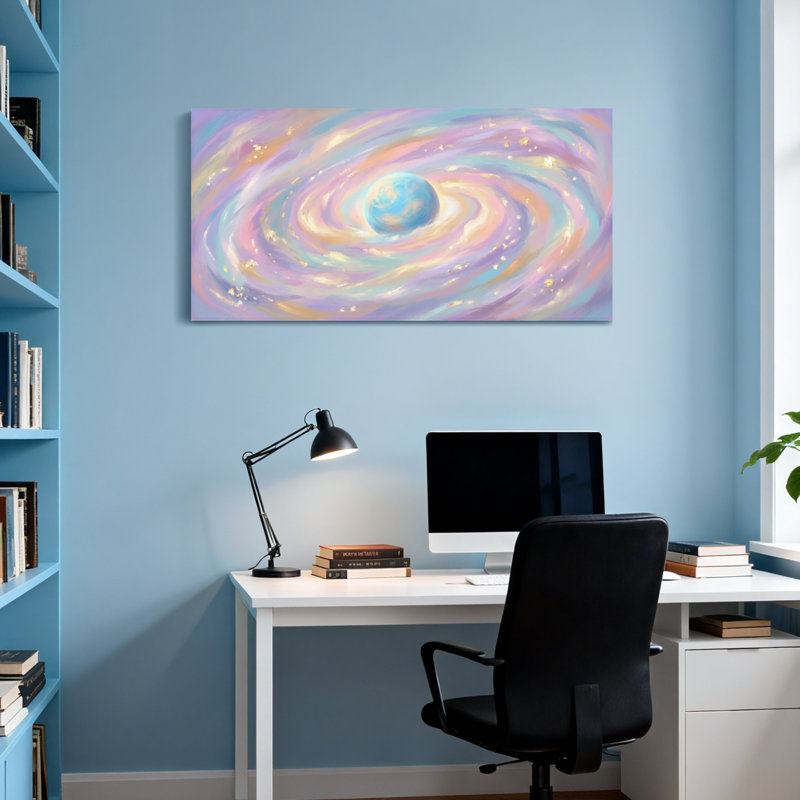 Abstrait galaxie pastel en spirale avec planète et étoiles, H 16 po x l 32 po
