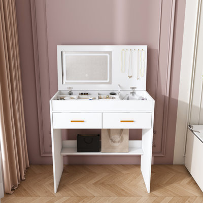 Bureau de coiffeuse à plateau rabattable avec miroir lumineux à DEL réglable et prise USB intégrée - coiffeuse de maquillage blanche avec 2 tiroirs, rangement ouvert et crochets à bijoux