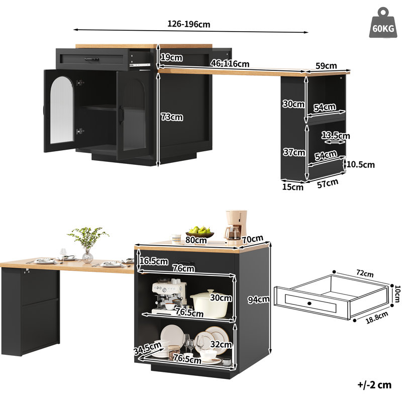 126 cm W Kitchen Island with Top, Black