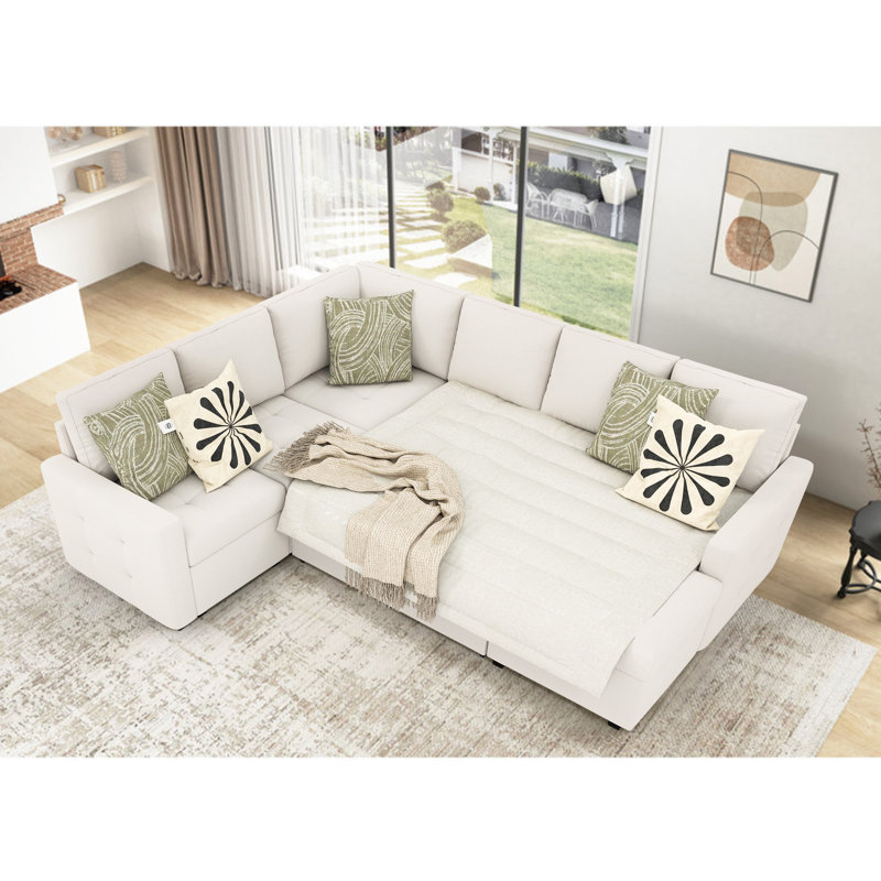 7-Piece U-Shaped Sectional Sofa Bed Pull Out Sleeper Couch With Storage Ottoman, Beige
